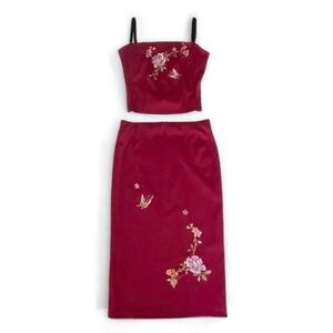 Mandalay Vintage Y2K Floral Embroidered Satin Corset Skirt 2 Piece Set Red 2/4